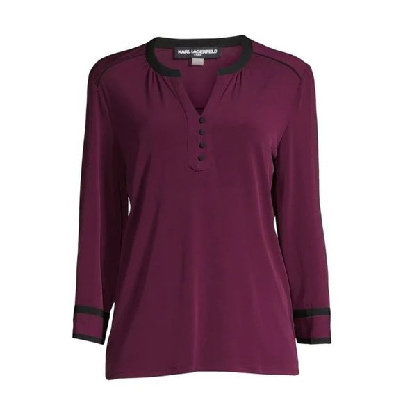 NWT New KARL LAGERFELD Splitneck Long Sleeve Button Purple Top Size XXS - Picture 3 of 16